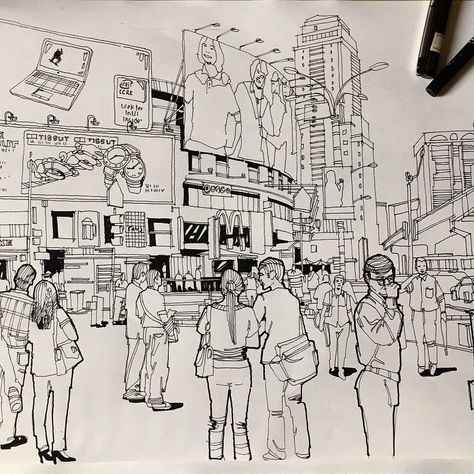 Busy Street Sketch, Busy Street Drawing, Sketch Perspective, View Sketch, Landscape Architecture Graphics, Life Drawing Pose, Perspective Sketch, Human Figure Sketches, Perspective Drawing Architecture