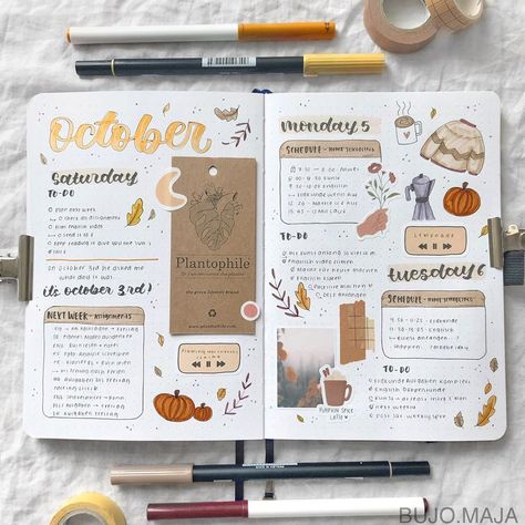 maja’s Instagram profile post: “the full spread :)) 🍁💖 I’m probably going to post a close up later on tho... How was your day? It’s been a long but good day for me and…” Goodnote Planner, Its October 3rd, Fall Bullet Journal, Bullet Journal Week, Fall Bullet Journal Weekly Spread, The Great Pumpkin, Bullet Journal Spreads, Journal Layouts, Great Pumpkin