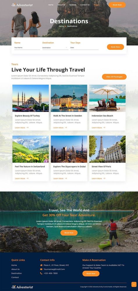 Adventurist - Travel & Tourism Agency Elementor Template Kit is a clean, elegant and modern design responsive premium elementor template kit for travel, tour operator, tourism agency and hospitality related business and service companies professional website. It has beautiful homepage layouts, 10+ pre-designed pages and sections can be imported into your website on WordPress in just a few clicks using the free page builder Elementor to download now & live preview click on image 👆 Agency Website Inspiration, About Us Page Design, Travel Agency Website, Travel Website Templates, Travel Website Design, Consider Me, Webpage Template, Agency Website Design, Booking Website