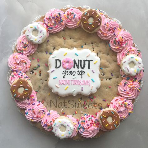 🍪Cookie cakes are definitely a fav around here. Donut Grow up 💕🍩 Donut Theme Party, Donut Themed Birthday Party, Grown Up Parties, Donut Cake, Birthday Donuts, Donut Birthday Parties, Cookie Cakes, Shower Cookies, Donut Party