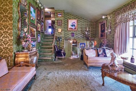 People Are Going Crazy Over This 1960s Time Capsule Home  - CountryLiving.com 1960s Interior Design, Wallpaper Time, 70’s House, Flocked Wallpaper, Capsule Home, 1960s Interior, 1960s Home Decor, 60s Decor, 1960s Home