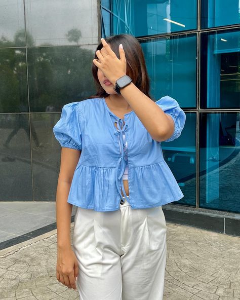 Just a happy girl in her element🦋 Top- Savana product ID- 1277412 Comment below for links🔗 Use code: SAVANA8239 #savanacampussquad #savanasquad #savanabyurbanic #ad #summeroutfit #koreanoutfit #whitetrousers #bluetieuptop #summertop Summer outfit, blue tie up top, bow top, white trousers, korean outfits inspo A Happy Girl, Tie Up Top, White Trousers, Bow Top, Happy Girl, Blue Tie, Blue Ties, Korean Outfits, Summer Top