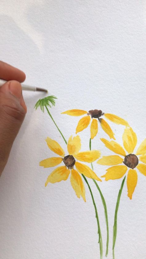 Flower Drawing Watercolor, Painting Tutorial Watercolor, Wild Flower Watercolor, Video Flower, Sunflower Sketches, Watercolor Painting Tutorial, Easy Flower Painting, Painting Yellow, Watercolor Flowers Tutorial