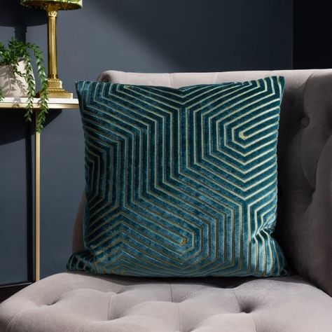 Teal Cushions, Sewing Cushions, Jewel Colors, Blue Cushions, Cushion Pattern, Cushion Filling, Gold Geometric, Velvet Cushions, Geometric Lines