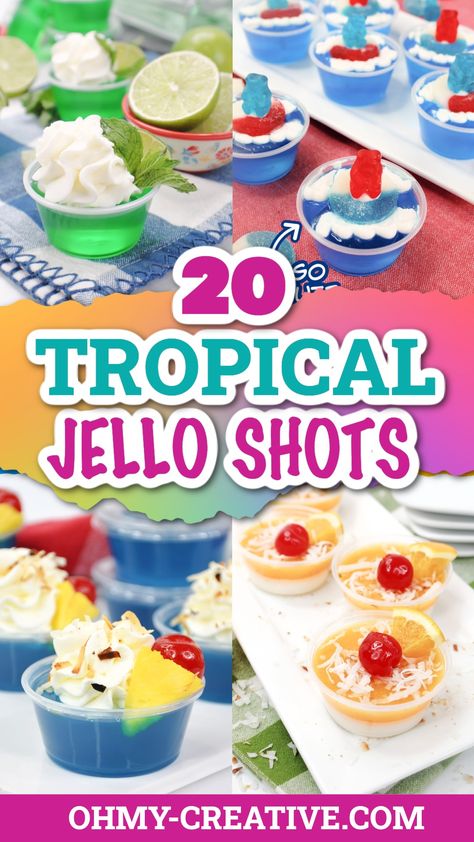 Tropical Jello Shots With Island Vibes - Oh My Creative Luau Jello Shots, Lemon Mojito Recipe, Mojito Jello Shots, Orange Jello Shots, Rainbow Jello Shots, Coconut Jello, Blue Hawaiian Jello Shots, Alcoholic Shots, Rum Jello Shots