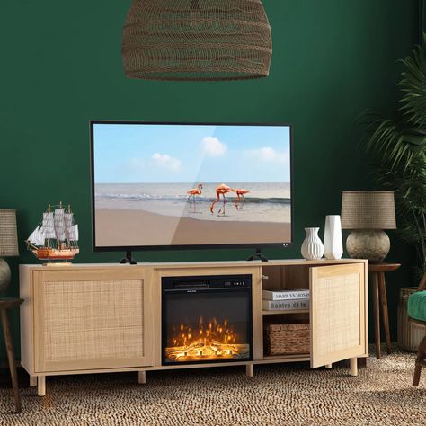 Rattan Tv Stand, 75 Inch Tv, Tv Stand Entertainment Center, Electric Fireplace Tv, Tv Stand Brown, Rattan Doors, Fireplace Entertainment Center, Modern Entertainment Center, Fireplace Entertainment