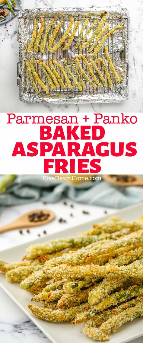 Asparagus Fries baked with Parmesan and Panko breading, two-photo collage with text. Crispy Baked Asparagus, Baked Asparagus Fries, Wasa Crackers, Crispy Asparagus, Oven Baked Asparagus, Parmesan Asparagus Baked, Steak Sides, Best Asparagus Recipe, Asparagus Recipes Baked