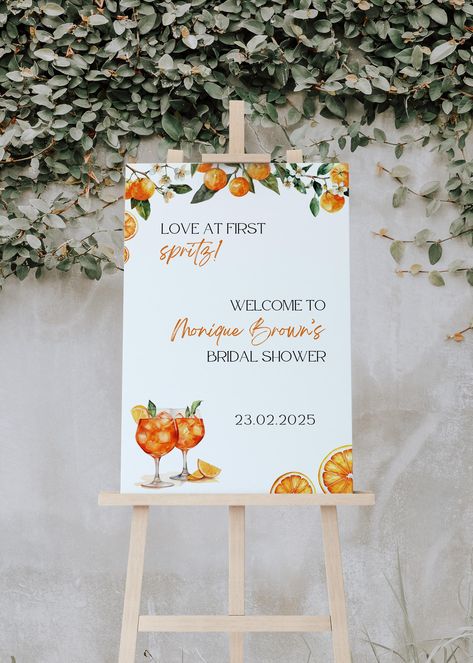 Love at First Spritz Bridal Shower Welcome Sign ------------------------------- Buy three or more items and get 60% OFF! - use code "BUNDLE" ✨ MATCHING ITEMS AVAILABLE HERE: https://www.etsy.com/au/shop/TwoSistersTemplates?ref=shop-header-name&listing_id=1705468468&from_page=listing&search_query=SP1 ---------------------------------- Calling all DIY gals, this template is for you! This bridal shower welcome sign template includes a orange, citrus and aperol artwork for a summer spritz theme. It Aperol Spritz Engagement Party, Spritz Themed Bridal Shower Ideas, Aperol Themed Bridal Shower Ideas, August Bridal Shower Themes, Love At First Spritz Bridal Shower Theme, Spritz Bridal Shower Theme, Aperol Spritz Bridal Shower Theme, Aperol Spritz Party Theme, Summer Bridal Shower Themes