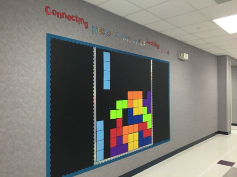 Tetris bulletin board. Putting student work on the sides. School theme- Make your best move. Arcade Bulletin Board, Tetris Classroom Theme, Tetris Door Decoration, Video Game Themed Bulletin Boards, Tetris Bulletin Board, Gaming Bulletin Board Ideas, Video Game Bulletin Board, Minecraft Bulletin Board, Ptsa Ideas