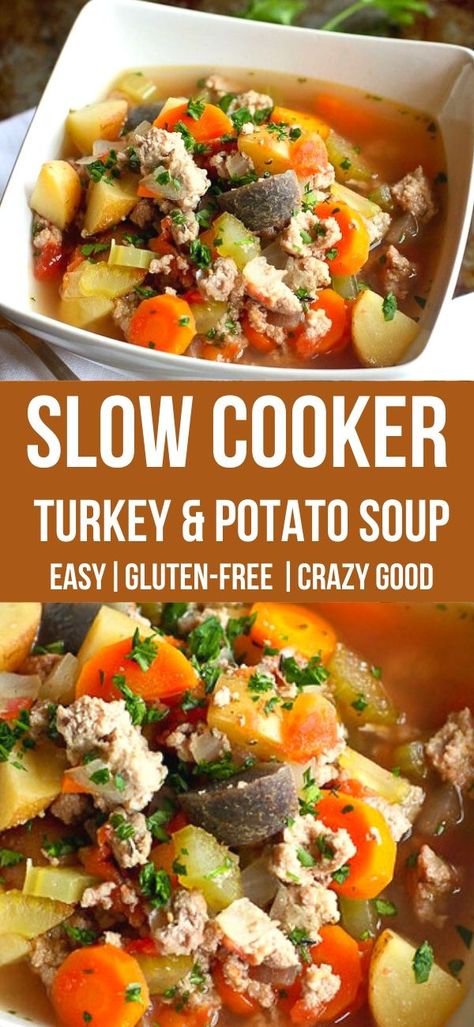 Turkey Potato Soup, Ground Turkey Slow Cooker, Turkey Soup Crockpot, Turkey Cooker, Crockpot Ground Turkey, Slow Cooker Turkey Soup, Ground Turkey Crockpot Recipes, Turkey Potato, Turkey Vegetable Soup