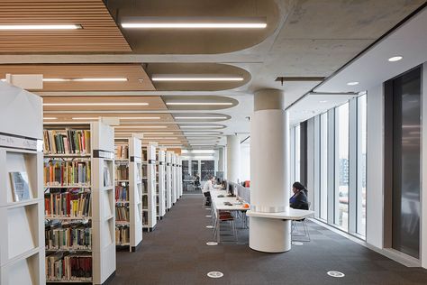 Gallery of New Library at the University of Bedfordshire / MCW Architects - 8 Library Building Design, Uni Library, Library Modern, Library Lighting, Public Library Design, Library Building, School Building Design, Library Architecture, College Library