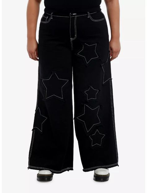 Black Frayed Star Patch Wide Leg Pants Plus Size Pants With Stars On Them, Billie Concert, Wide Leg Pants Plus Size, Wide Leg Pants Jeans, Plus Size Hot, Star Patches, Star Pants, Plus Size Looks, Pants Plus Size