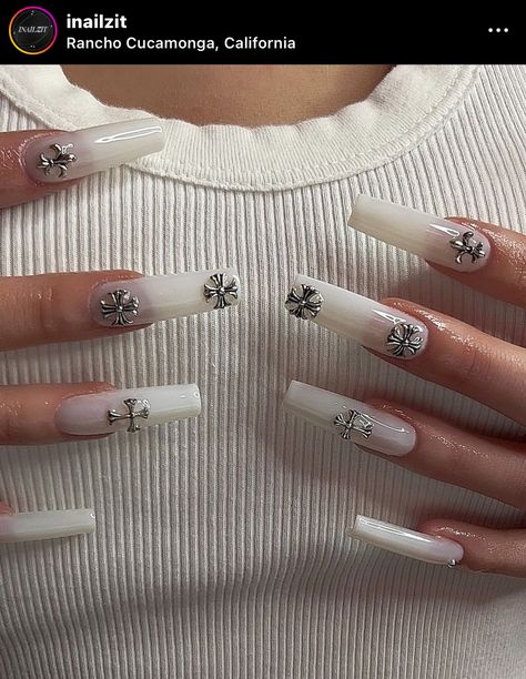 Almond Acrylic Nails Designs, Cross Nails, Retro Nails, Milky Nails, Grunge Nails, French Acrylic Nails, Acrylic Nails Coffin Pink, Instagram Nails, Gem Nails