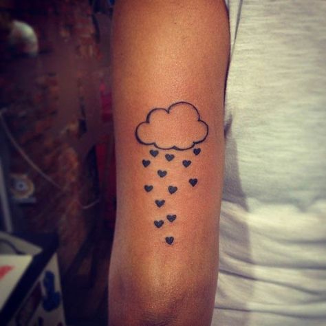 23 Cute Cloud Tattoo Designs and Ideas Rainbow And Cloud Tattoo, Storm Tattoos, Rain Cloud Tattoos, Cloud Tattoos, Raining Hearts, Cloud Tattoo Design, Rain Tattoo, Upper Thigh Tattoos, Tattoo Website