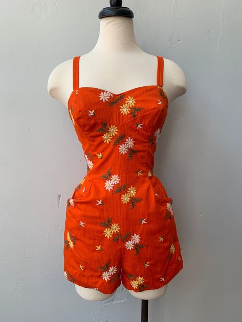 1960s Orange Daisy Embroidered Playsuit Romper/Swimsuit | Dela Deville's Vintage 60s Playsuit, 60s Romper, Orange Daisy, Romper Swimsuit, Vintage Romper, Playsuit Romper, No Brand, Department Store, Playsuit