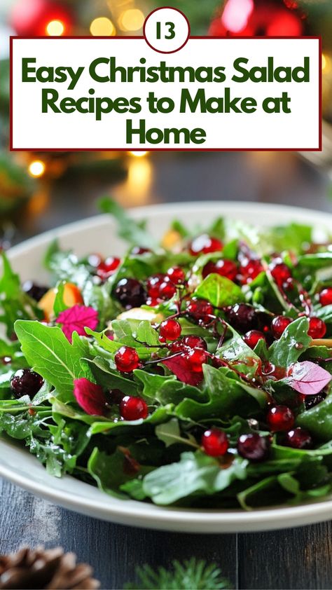 A beautiful, easy-to-make Christmas salad with vibrant greens, red berries, and festive garnishes, perfect for holiday dining. Christmas Caesar Salad, Christmas Green Salads Holidays, Green Salad For Christmas Dinner, Salad Ideas For Christmas Dinner, Salads For Christmas Dinner Holidays, Christmas Lettuce Salad, Simple Christmas Salad, Easy Holiday Salad, Christmas Green Salad Recipes