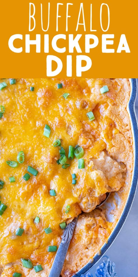 This Vegetarian Buffalo Chickpea dip is quick and easy to throw together and only bakes for about 25 minutes. This dip is a delicious chicken-free version of buffalo chicken dip that tastes almost identical! This cheesy vegetarian dip is great enjoyed with crackers, veggies or chips. Serve as a side dish, appetizer or snack. #buffalodip #chickpeadip #vegetarianappetizer #chipsanddip #newyearsappetizer Vegetarian Chicken Wing Dip, Buffalo Chickpea Dip, Vegan Buffalo Dip, Raw Vegetables Recipes, Chickpea Dip, Chickpea Recipes Easy, Vegan Party Snacks, Vegetarian Dip, Healthy Crackers