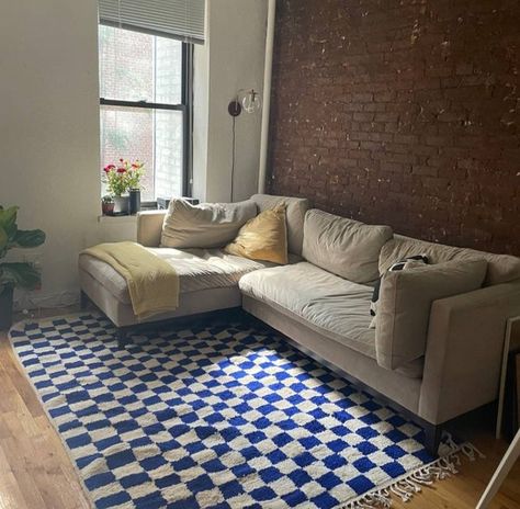 Checkered rug living room