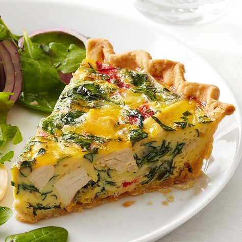 Chicken-Spinach Quiche Hummus Crusted Chicken, Filet Mignon Chorizo, Chicken Quiche, Spinach Quiche Recipes, Spinach Quiche, Chicken Spinach, Quiche Recipe, Spinach Stuffed Mushrooms, Chicken Stuffed Peppers