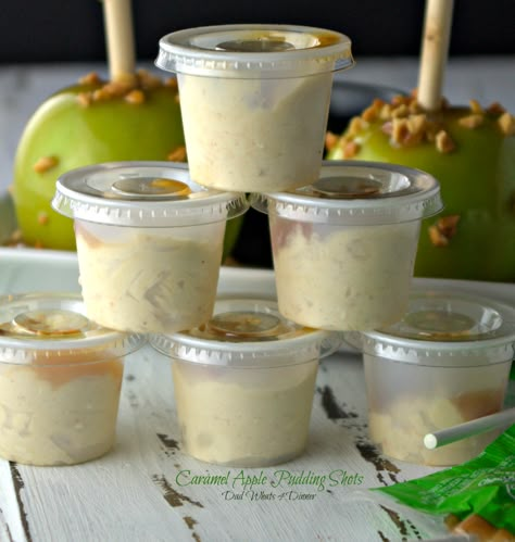 Caramel Apple Pudding Shots are perfect for your fall parties or tailgating.. Apple Pie Pudding Shots Recipe, Apple Pie Pudding Shots, Apple Pudding Shots, Caramel Apples Ideas, Caramel Apple Pudding, Pudding Jello Shots, Hello Shots, Pudding Shot Recipes, Jello Shooters