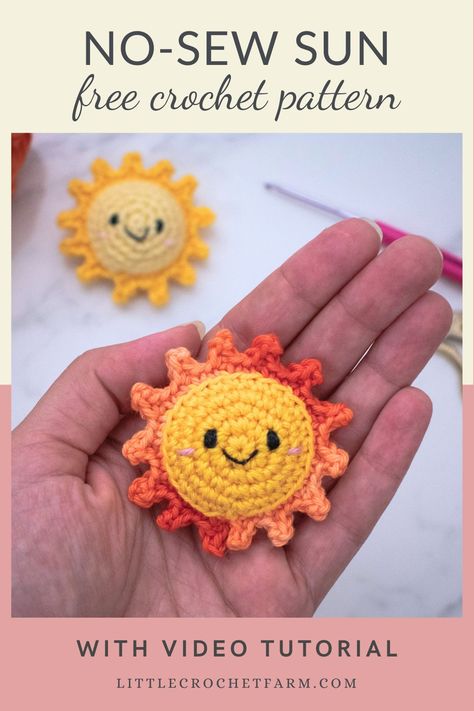 No-sew mini Sun amigurumi free pattern Crochet Projects To Sell, Crochet Mushroom, Crochet Fruit, Easy Crochet Animals, Quick Crochet Patterns, Easy Crochet Patterns Free, Crochet Stitches Video, Beginner Crochet Projects, Crochet Amigurumi Free Patterns