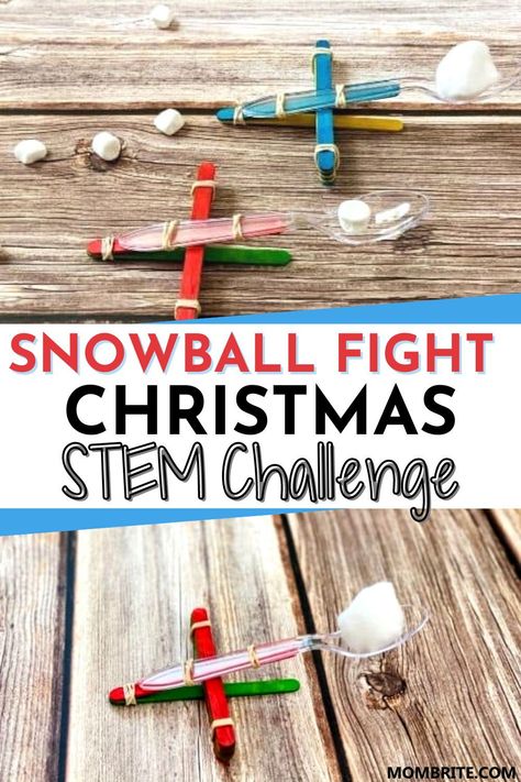 Snowball Catapult Stem Challenges, Christmas Party Stem Activities, Winter Themed Stem Activities, Christmas Stem Preschool Activities, Snowball Launcher Stem, Christmas Chemistry Experiments, Life Skills Christmas Activities, School Age Winter Activities, Easy Christmas Stem Activities For Kids