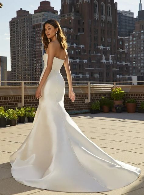 Strapless mermaid dress in mikado with form-flattering seams and floor-length buttons on back | satin wedding dress, satin gown, elegant wedding dress, elegant gown, elegant bride, timeless wedding dress, wedding dress shopping, wedding dress inspo, wedding dresses 2023, glam wedding dress, Mikado gown, mermaid wedding dress, satin mermaid gown, luxury wedding dress, wedding dress inspo, summer wedding dress, luxury wedding, 2023 wedding,2024 bride, new york bride,new york wedding Strapless Wedding Dress Mermaid, Bridal Showroom, Pronovias Bridal, Strapless Wedding Gown, Pronovias Wedding Dress, Kleinfeld Bridal, Elegant Bride, Wedding Dresses Strapless, Satin Wedding