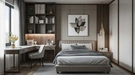 10 Small Bedroom Layout Ideas with Desk You'll Love 10 Bedroom With Desk Layout Ideas, Desk In Bedroom Layout, Bedroom With Computer Desk, Bedroom With Desk Ideas, Small Bedroom Layout Ideas With Desk, Desk Beside Bed, Bedroom Layout Ideas With Desk, Bedroom With Desk Layout, Bedroom With A Desk