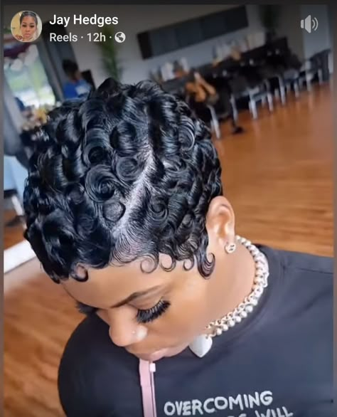 Finger Wave Wedding Hair Short, Curls On Short Relaxed Hair, Betty Boop Curls Black Hair, Hairstyles On Short Hair Black Women, Pin Curl Pixie Cut Black Women, Pincurls Hair Short, Pin Curls Black Women, Short Pixie Hairstyles For Black Women, Honey Blonde Pixie Haircut Black Women