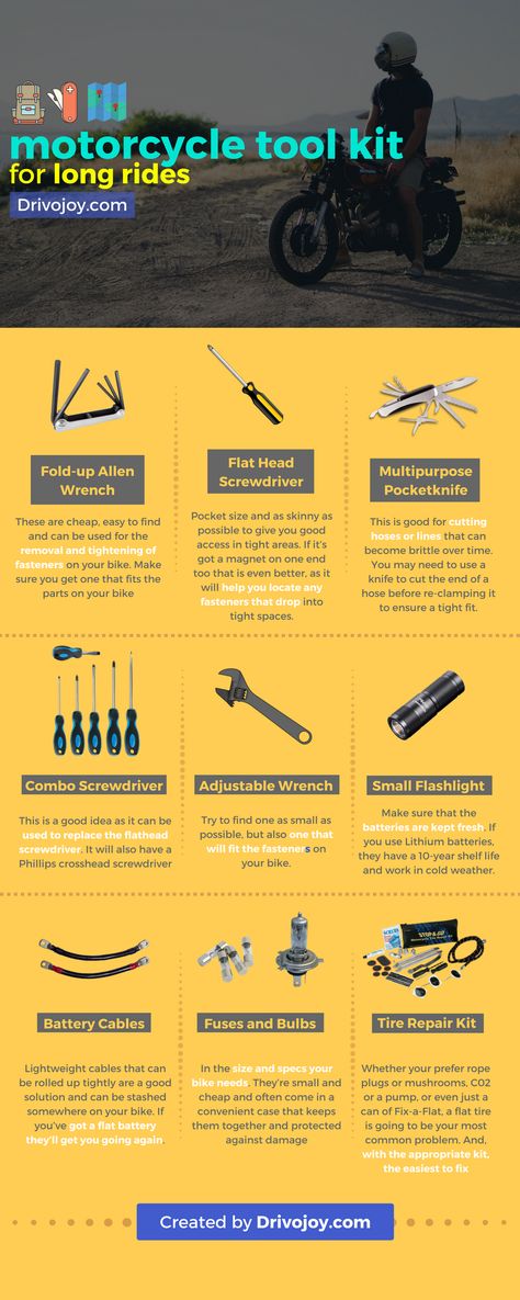 Long, grueling rides need the right motorcycle toolkit. When we criss-cross urban roads and highways, we are bound to find motorcycle mechanics to fix our bikes, if they come up short. However, when we head over to the hinterlands, off-roading, we need the right set of tools to fix our motorcycles. This infographic lists 10 things you should carry in your tool kit before you head out for a long ride. Learn To Ride A Motorcycle, Motorcycle Tool Kit, Diy Motorcycle Accessories, Motorcycle For Beginners, How To Ride A Bike, How To Ride A Motorcycle, Motorcycle Infographic, Motorcycle Essentials, Bike Riding Tips