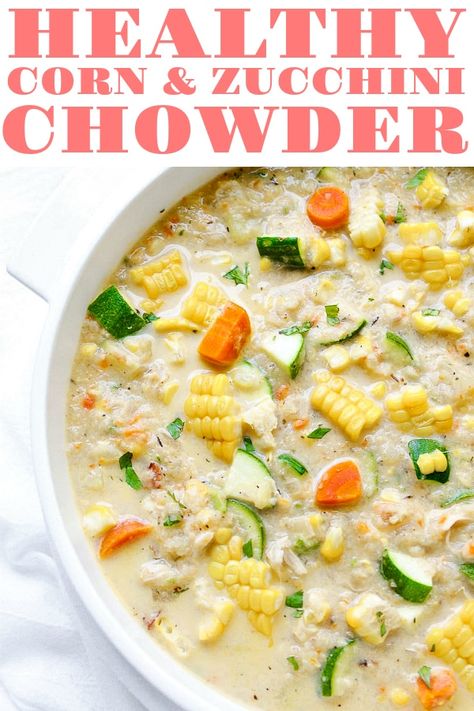 This healthy Corn and Zucchini Chowder is the perfect summertime soup. Made with sweet summer corn, garden-fresh zucchini, cauliflower, and half-and-half instead of heavy cream, this delicious chowder is hearty, healthy, and super easy to make. Corn And Zucchini Chowder, Zucchini Chowder, Jalapeno Deviled Eggs, Weekly Menu Ideas, Pizza Pasta Casserole, Homemade Mozzarella Sticks, Corn And Zucchini, Healthy Corn, Corn Zucchini