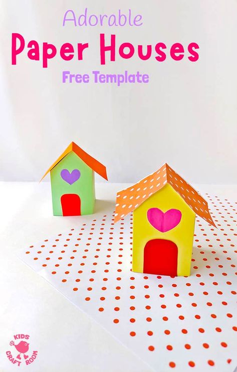 This adorable 3D PAPER HOUSE CRAFT is super cute as a Valentine’s Day craft, fairy house craft or simply for fun at any time of the year! These paper houses are really easy to make with the free printable template. #kidscraftroom #papercrafts #paperhouse #printablecrafts #kidscrafts #fairyhouse #fairygarden #fairycrafts #origami Handmade House Crafts, My House Crafts Preschool, Preschool House Craft, 3d House Craft, House Craft Preschool, Paper Houses Diy, Paper House Craft, Diy Paper House, House Paper Craft