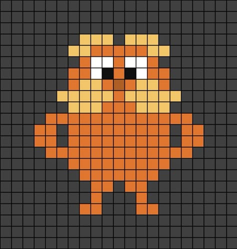 A pixel art template of the Lorax character. Turkey Pixel Art, Lorax Perler Beads, Cute Pearler Beads Ideas Easy, Books Pixel Art, 20x20 Pixel Art, Mha Pixel Art, Pixel Drawing Easy, Movie Pixel Art, Grunge Pixel Art