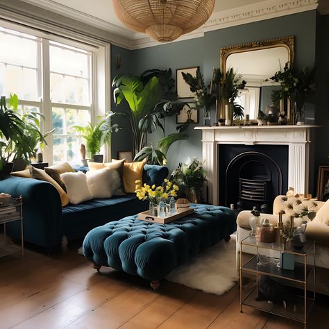 Jewel Tone Living Room, Tv Rum, Victorian Bohemian Decor, Blue Sofa Living, Dark Living Rooms, Room Vibes, Aesthetic Living Room, Glam Living Room, Eclectic Living Room