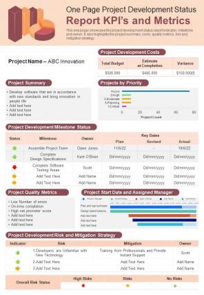 One Page Project Development Status Report KPIs And Metrics Presentation Report Infographic Ppt Pdf Document Kpi Presentation Design, Weekly Status Report Template, Weekly Status Report, Project Progress Report Template, Report Infographic, Project Status Report Templates Excel, Technical Communication, Weekly Template, Strategic Planning Process