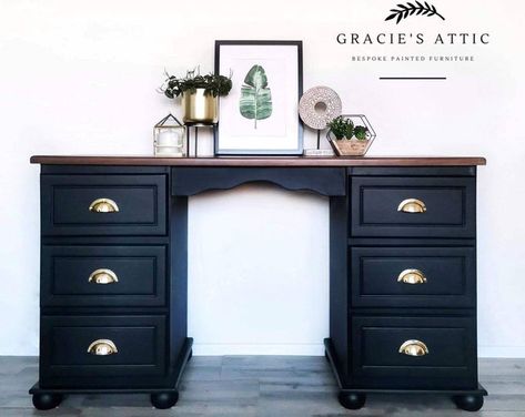 Navy Blue Chalk Paint Desk, Desk Revamp, Black Dressing Tables, Stag Furniture, Upcycle Desk, Refurbished Desk, Pine Desk, Gold Desk, Revamp Furniture