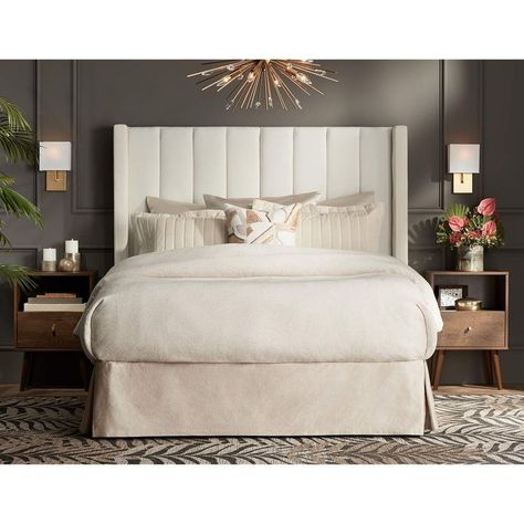 Mid Century Glam Bedroom, White Fabric Headboard, Sconces For Bedroom, Contemporary Headboards, Queen Upholstered Headboard, High Headboard, College Bedroom, Bedroom Sanctuary, Headboard Styles