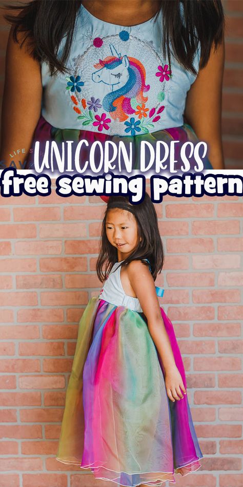 Create fun playwear costumes for Halloween. These everyday fairy tale costumes can also double as pajamas or playwear for your kids. Free sewing patterns and tutorials to create these looks. via @lifesewsavory Simple Fairy Dress, Unicorn Dress Girls, Fairy Tale Costumes, Costumes For Halloween, Costume Sewing Patterns, Unicorn Dress, Free Sewing Patterns, Organza Fabric, Flowing Skirt