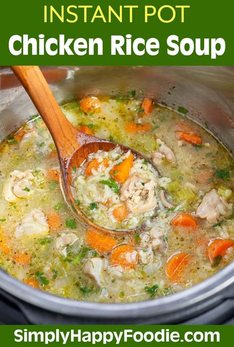 Instant Pot Chicken Rice Soup is delicious and nutritious, using simple ingredients like chicken and fresh vegetables, and tender rice. Pressure cooker Chicken and Rice Soup is easy to make. You will love how fast Instant Pot chicken and rice soup cooks! simplyhappyfoodie.com instapot chicken rice soup recipe, instant pot chicken soup with rice Instant Pot Rice Soup Recipes, Chicken Soup With Rice Instant Pot, Instant Pot Chicken And Rice Soup Recipes, Instant Pot Chicken And Rice Soup Easy, Instant Pot Rice Soup, Creamy Chicken Rice Soup Instant Pot, Instapot Chicken Rice Soup, Pressure Cooker Chicken And Rice Soup, Chicken Soup Pressure Cooker