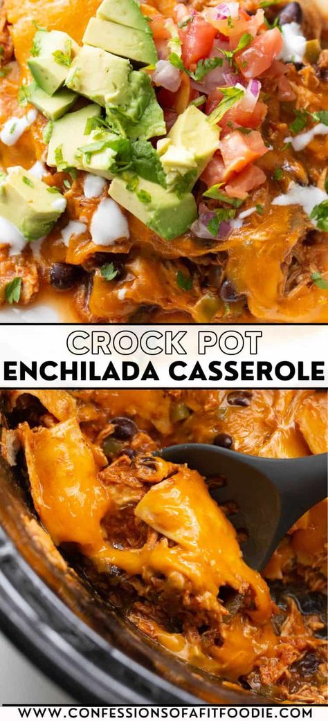 Get all the flavors of your favorite enchilada dinner in this easy one-pot Crockpot Chicken Enchilada Casserole recipe - no rolling tortillas or baking required!  Just layers of tortillas, tender chicken, and cheesy goodness that your whole family will love. Healthy Crockpot Enchiladas, Chicken Enchiladas Crockpot Recipes, Slow Cooker Enchiladas Chicken, Crockpot Enchiladas Beef, Crockpot Beef Enchiladas, Enchilada Crockpot Recipes, Chicken Enchilada Crockpot, Enchilada Casserole Crockpot, Chicken Enchiladas Crock Pot