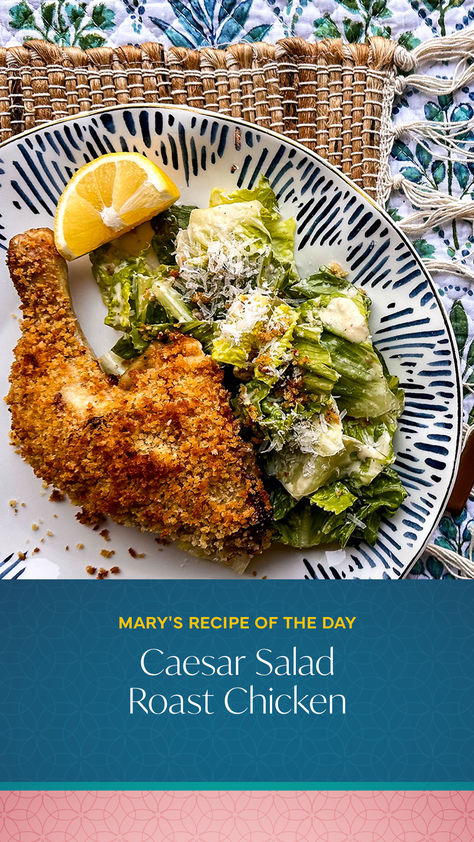 Skip the plain old Caesar salad and try Mary's Caesar salad roast chicken! Crispy and juicy, this Caesar salad flavoured chicken has the perfect umami flavour mixed in with panko breadcrumbs and Parmesan for the ultimate crunch factor. Click the link above for the recipe. Mary Berg Chicken Recipes, Turkey Delight, Mary Berg, Caesar Chicken, Chicken Crispy, Planning Book, Spatchcock Chicken, Whole Chicken Recipes, Parmesan Recipes