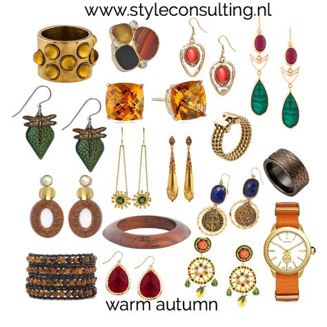 Fashion set Warm autumn. created via True Autumn Accessories, Deep Autumn Accessories, Warm Autumn Jewelry, Jewelry Capsule, Deep Autumn Palette, Deep Autumn Color Palette, True Autumn, Autumn Palette, Warm Palette