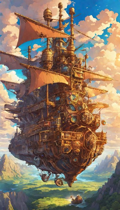 Steampunk Floating City, Floating City Concept Art, Floating City Fantasy Art, Fantasy Floating City, Steampunk Landscape, Steampunk Concept Art, Dnd City, Flying City, Steampunk Wallpaper