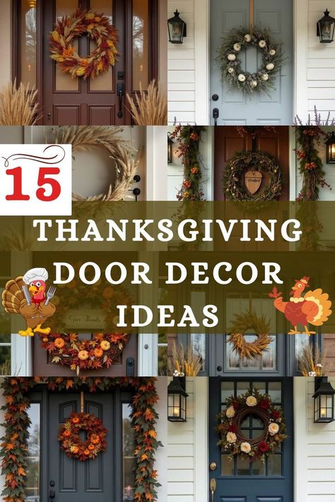 An image showcasing various Thanksgiving door decor ideas, including wreaths, garlands, and seasonal accents, designed to create a warm, inviting entryway for the fall season. Thanksgiving Door Decor, Thanksgiving Front Door, Door Decor Ideas, Creative Wreaths, Fall Entryway, Unique Thanksgiving, At The Door, House Doors, Thanksgiving Decor