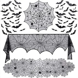 Halloween Fireplace Mantle, Mantel Scarf, Halloween Fireplace, Table Halloween, Halloween Tablecloth, Bat Wall, Fireplace Mantel Decor, Spooky Spiders, Lace Table Runners