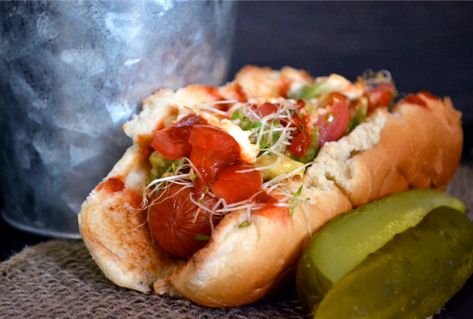 Born and raised in Los Angeles, I felt inspired to create a hot dog that was symbolic of my hometown. I decided to create a recipe using fresh and healthy Burger Dogs, Alfalfa Sprouts, Diced Tomato, Sriracha, Recipe Using, Hot Dog Buns, Cherry Tomatoes, I Decided, Hot Dogs