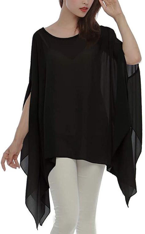 Max Hsuan Women's Loose Solid Sheer Chiffon Caftan Poncho Batwing Tunic Top Blouse Summer Oversized Shirts at Amazon Women’s Clothing store Batwing Sleeve Top Outfit, Tunic Top, Chiffon Top, Flowy Top, Oversized Batwing Sleeve Summer Cover-up, Oversized Batwing Sleeve Poncho, Black Poncho With Batwing Sleeve, Oversized Long Sleeve Poncho For Beach Cover-up, Summer Beach Cover-up Poncho With Batwing Sleeves