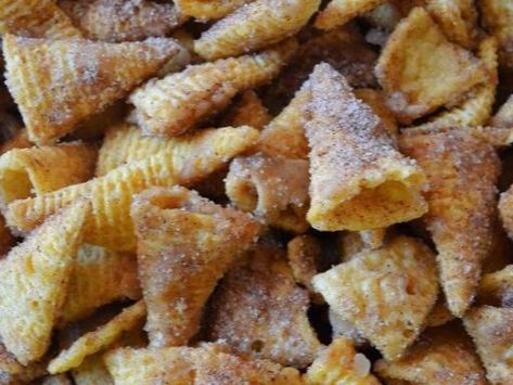 Churro Toffee Bugles: A Sweet and Crunchy Cinnamon Delight - NewsBreak Churro Bugle Snack, Toffee Bugles, Churro Bugles, Caramel Bugles, Cereal Mixes, Churro Toffee, Halloween Snack Mix, Snowball Cookie Recipe, Pumpkin Coffee Cakes