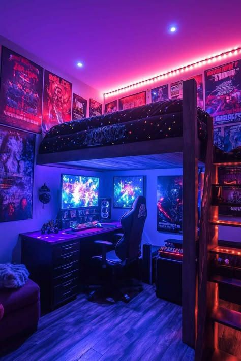 A gaming room with dorm beds and vibrant neon lights, featuring dual monitors, gaming posters, and a desk setup underneath a loft bed. Gamer Loft Bed, Loft Bed For Boys Room, Boy Gamer Bedroom Ideas, Boys Loft Bedroom, Gamers Bedroom, Boys Loft Beds, Gamer Bedroom Ideas, Room Loft Bed, Gamer Rooms