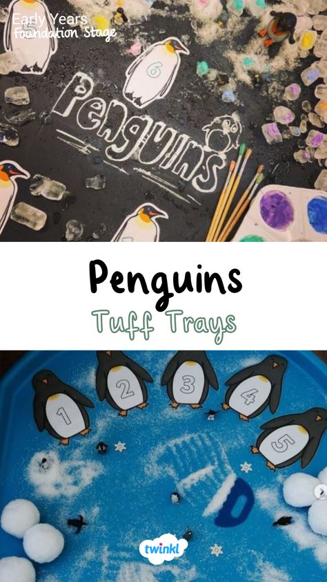 Penguin activities for eyfs. Special thanks to @my_little_fidget @teachingsen Tuff Tray Ideas Eyfs, Antarctica Activities, Polar Bear Theme, Playgroup Activities, Tuff Tray Ideas, Penguin Awareness Day, Penguin Activities, Penguin Day, Zoo Activities